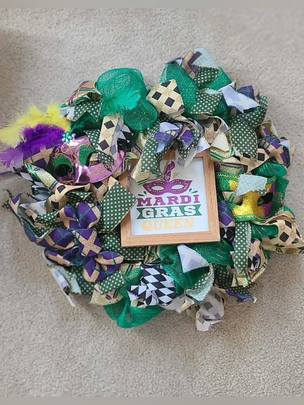 Mardi Gras Queen Decorative Wreath - Green, Purple & Gold Folds for storage